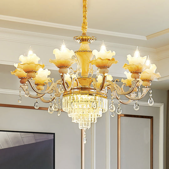 Elegant Gold Floral Ruffle Ceiling Lighting: Traditional Jade Chandelier With Crystal Draping For