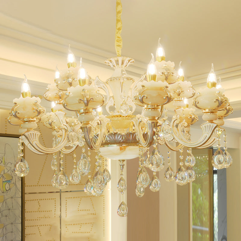 Elegant Gold Floral Ruffle Ceiling Lighting: Traditional Jade Chandelier With Crystal Draping For