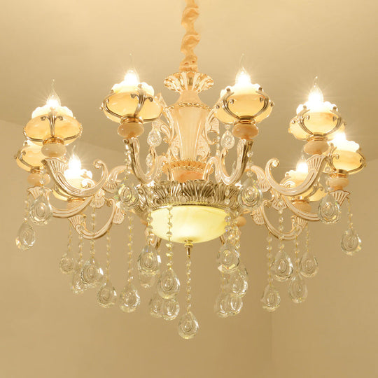 Elegant Gold Floral Ruffle Ceiling Lighting: Traditional Jade Chandelier With Crystal Draping For