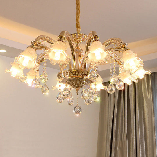 Retro Ruffled Bell Glass Chandelier With Hanging Crystal In Gold