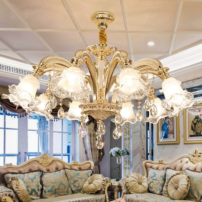 Retro Ruffled Bell Glass Chandelier With Hanging Crystal In Gold