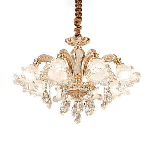 Retro Ruffled Bell Glass Chandelier With Hanging Crystal In Gold 8 /