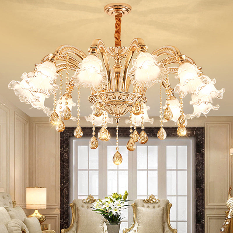 Ribbed Glass Ruffled Flower Chandelier With Crystal Draping - Retro Gold Suspension Light For Living