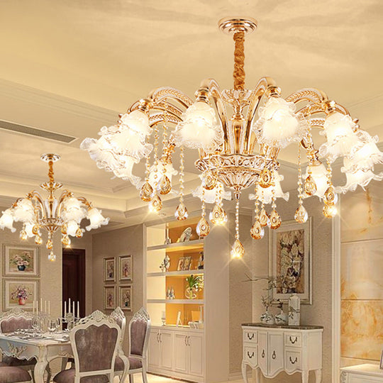 Ribbed Glass Ruffled Flower Chandelier With Crystal Draping - Retro Gold Suspension Light For Living