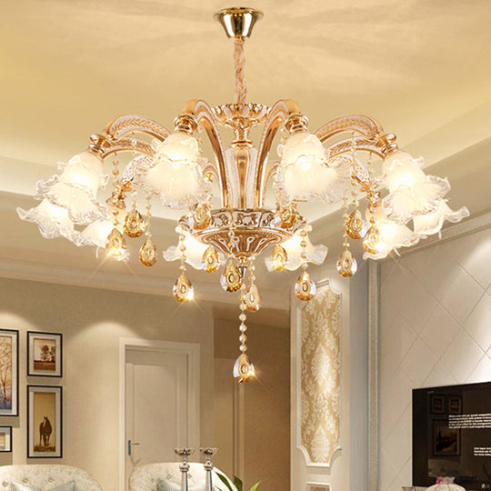 Ribbed Glass Ruffled Flower Chandelier With Crystal Draping - Retro Gold Suspension Light For Living