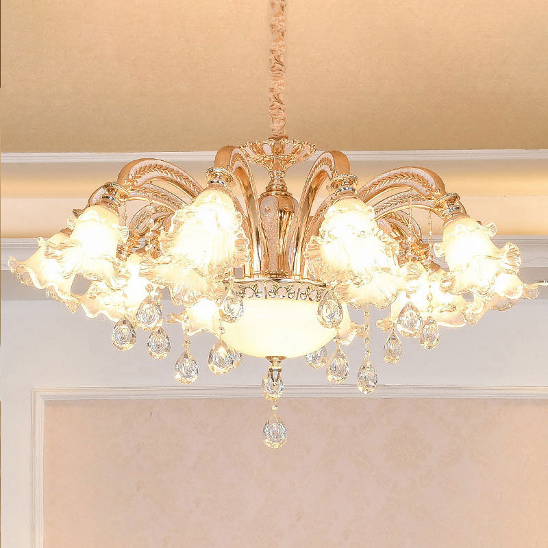 Ribbed Glass Ruffled Flower Chandelier With Crystal Draping - Retro Gold Suspension Light For Living