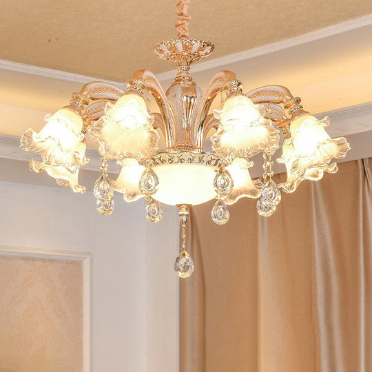 Ribbed Glass Ruffled Flower Chandelier With Crystal Draping - Retro Gold Suspension Light For Living