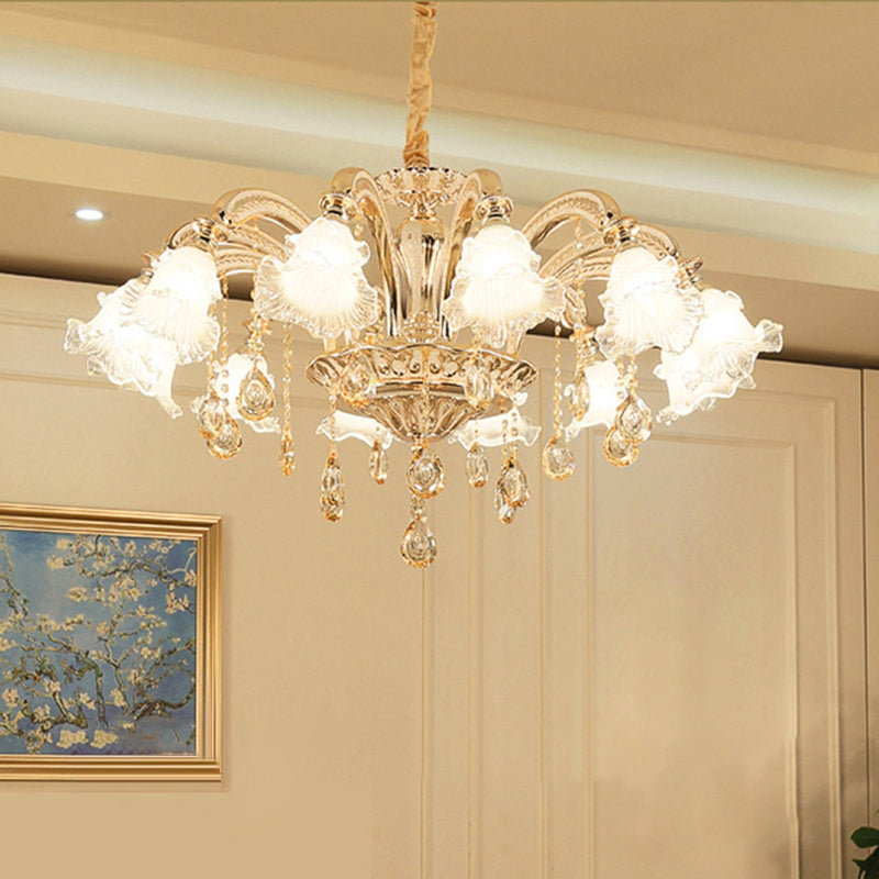 Gold Flared Chandelier With Crystal Accents - Classic Ruffle Glass Pendant Light For Living Room