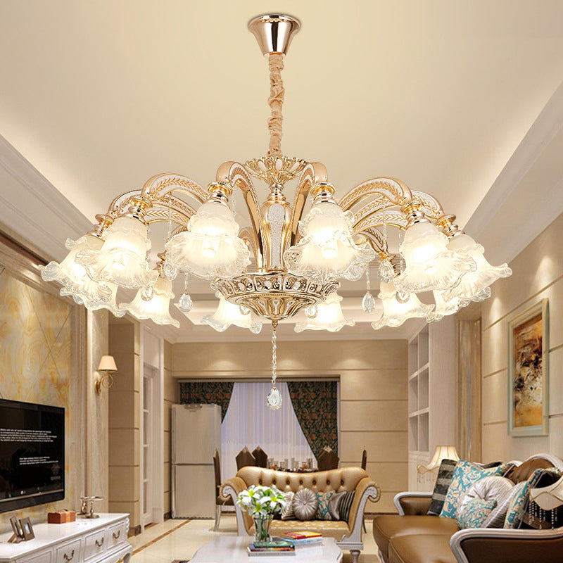 Gold Flared Chandelier With Crystal Accents - Classic Ruffle Glass Pendant Light For Living Room