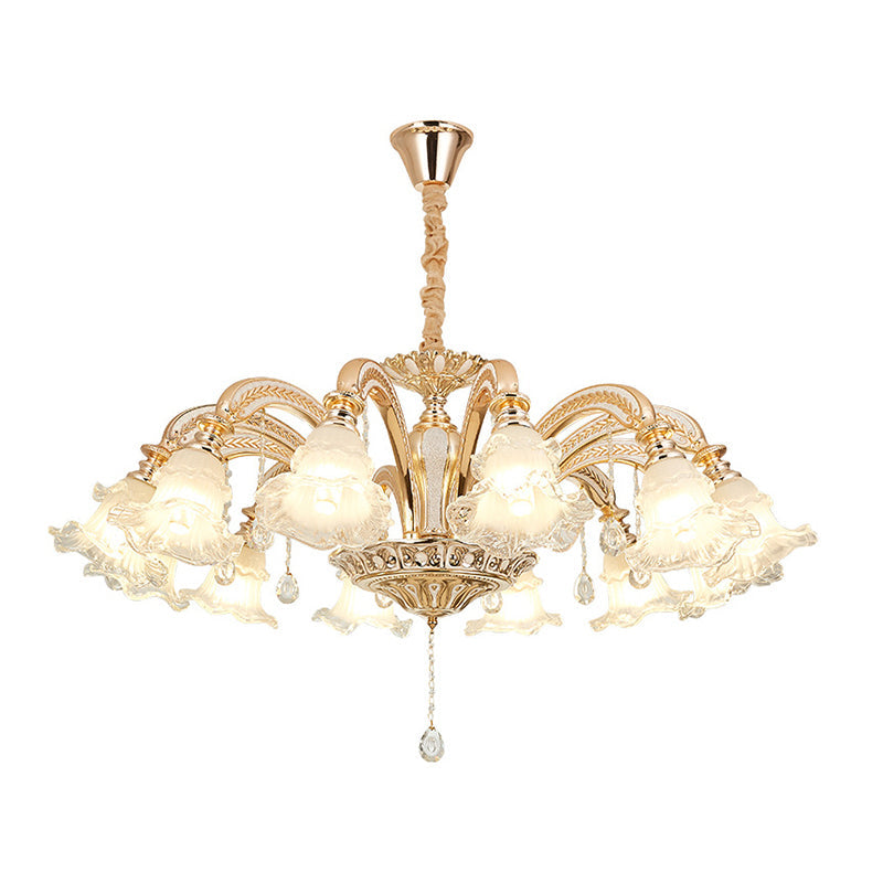 Gold Flared Chandelier With Crystal Accents - Classic Ruffle Glass Pendant Light For Living Room