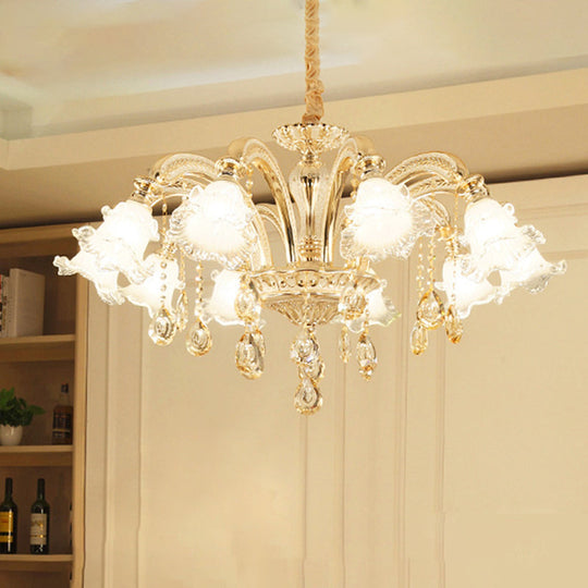 Gold Flared Chandelier With Crystal Accents - Classic Ruffle Glass Pendant Light For Living Room