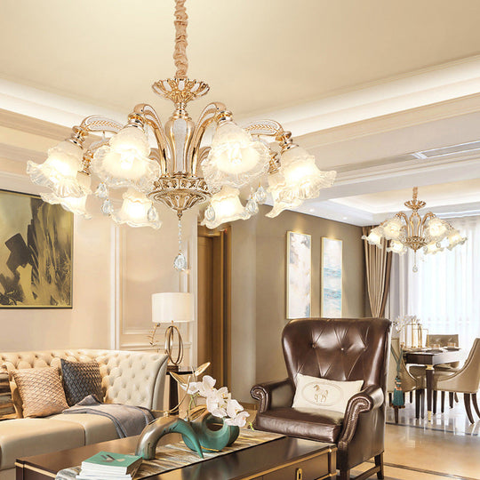 Gold Flared Chandelier With Crystal Accents - Classic Ruffle Glass Pendant Light For Living Room