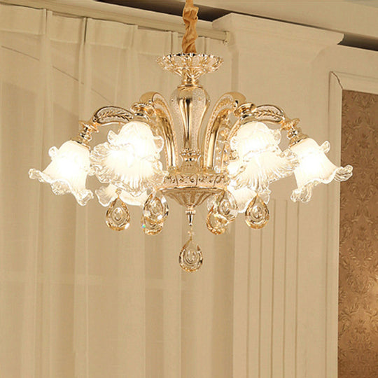 Gold Flared Chandelier With Crystal Accents - Classic Ruffle Glass Pendant Light For Living Room