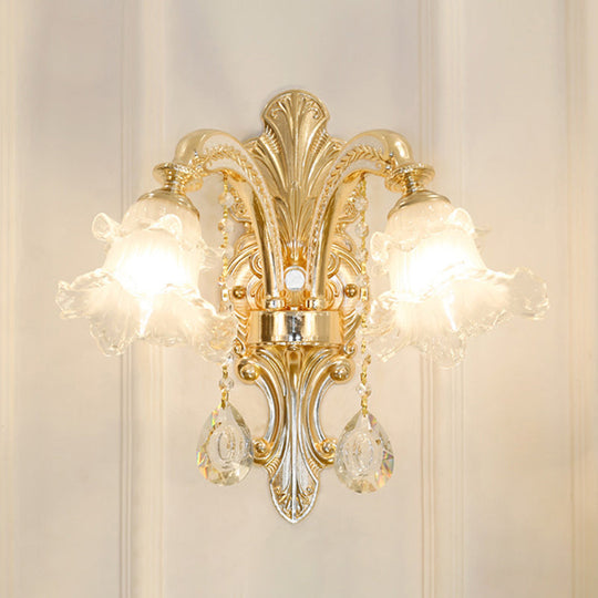 Gold Flared Chandelier With Crystal Accents - Classic Ruffle Glass Pendant Light For Living Room