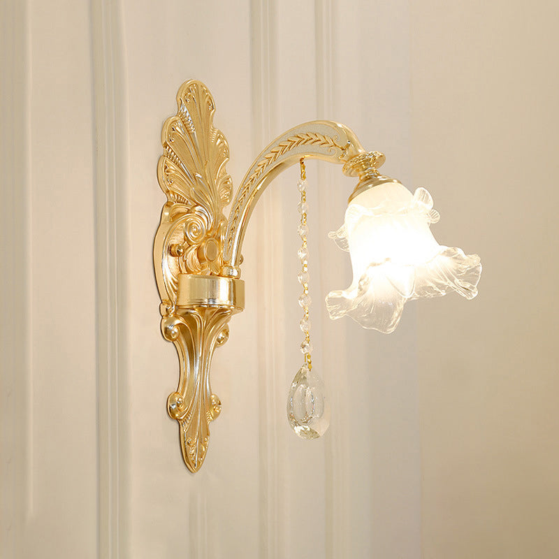 Gold Flared Chandelier With Crystal Accents - Classic Ruffle Glass Pendant Light For Living Room