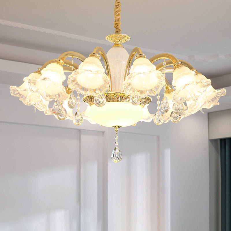 Traditional Glass Chandelier With Gold Floral Shade Ceiling Lighting And Crystal Draping For Living