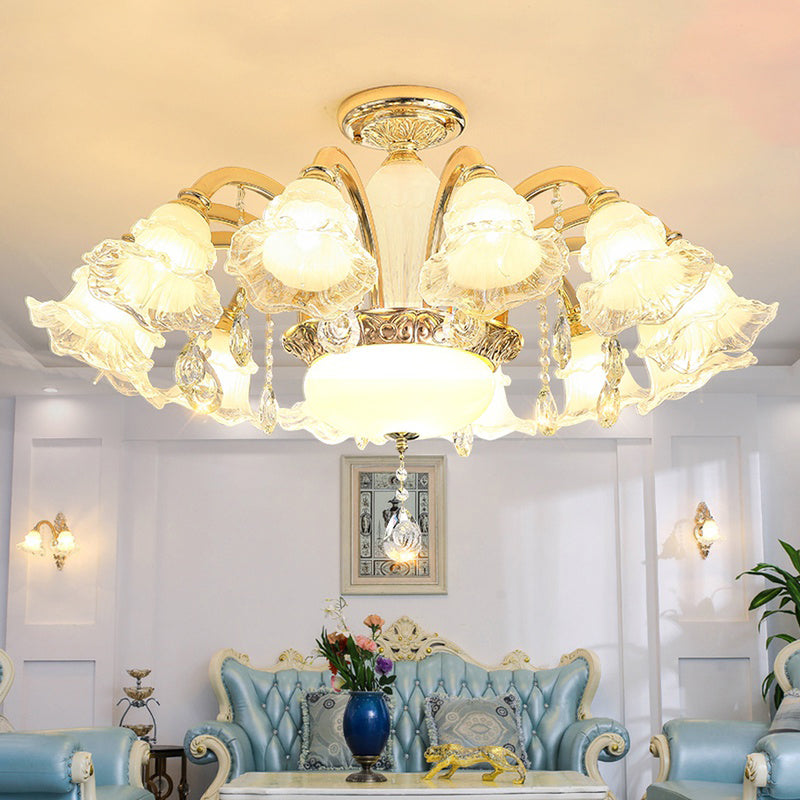 Traditional Glass Chandelier With Gold Floral Shade Ceiling Lighting And Crystal Draping For Living