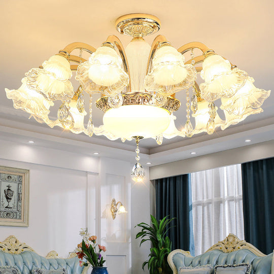 Traditional Glass Chandelier With Gold Floral Shade Ceiling Lighting And Crystal Draping For Living