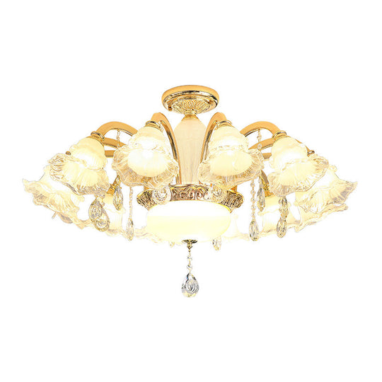 Traditional Glass Chandelier With Gold Floral Shade Ceiling Lighting And Crystal Draping For Living