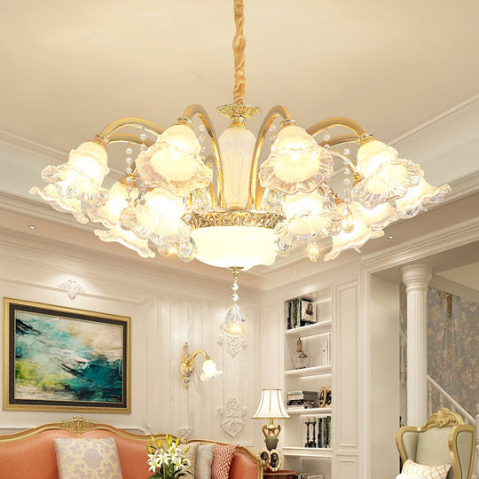 Traditional Glass Chandelier With Gold Floral Shade Ceiling Lighting And Crystal Draping For Living