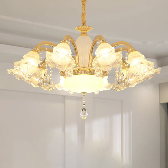 Traditional Glass Chandelier With Gold Floral Shade Ceiling Lighting And Crystal Draping For Living