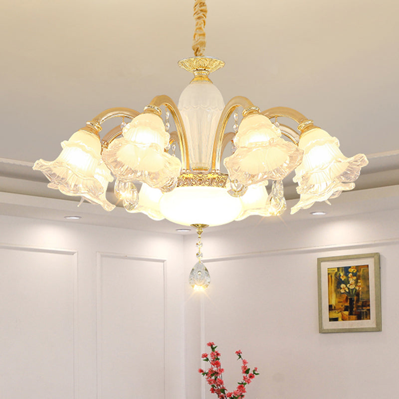 Traditional Glass Chandelier With Gold Floral Shade Ceiling Lighting And Crystal Draping For Living