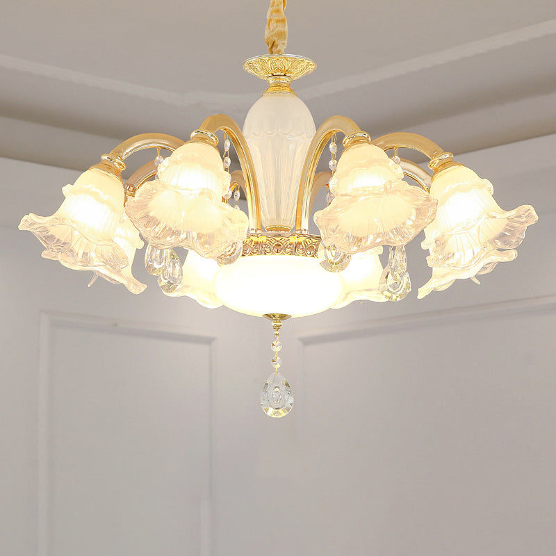 Traditional Glass Chandelier With Gold Floral Shade Ceiling Lighting And Crystal Draping For Living