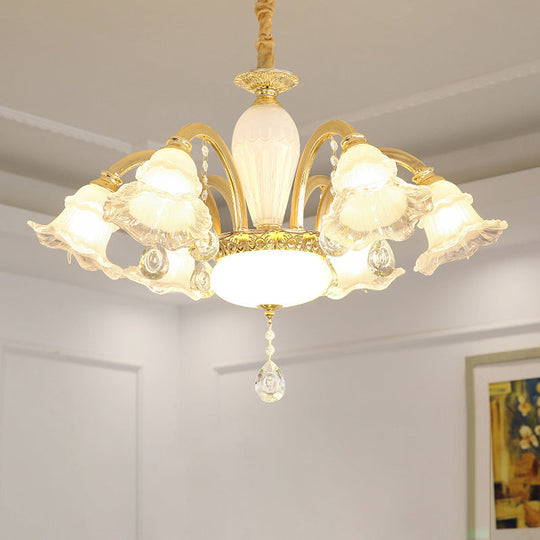 Traditional Glass Chandelier With Gold Floral Shade Ceiling Lighting And Crystal Draping For Living