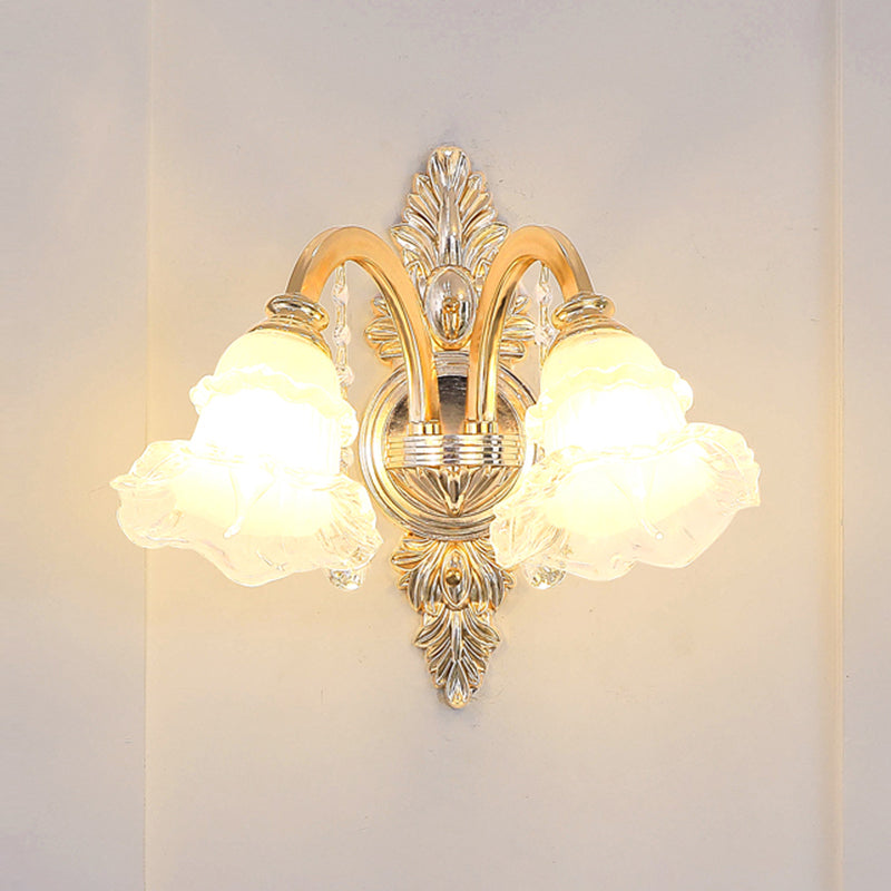 Traditional Glass Chandelier With Gold Floral Shade Ceiling Lighting And Crystal Draping For Living