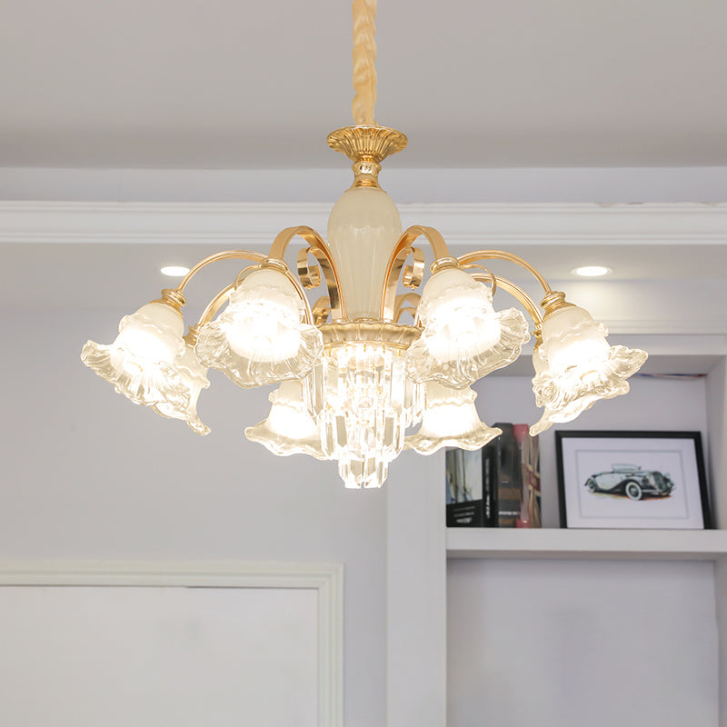 Retro Ruffled Bell Chandelier Light With Clear Textured Glass Pendant And Tiered Crystal Accent