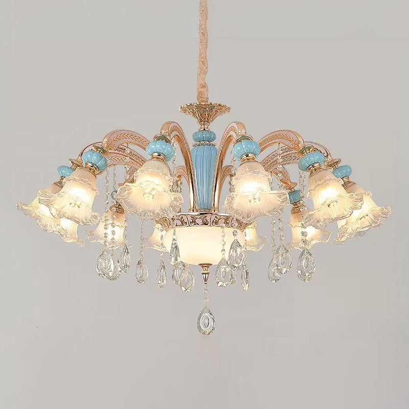 Vintage Textured Glass Blue Chandelier Pendant Light With Crystal Accent