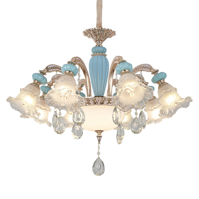 Vintage Textured Glass Blue Chandelier Pendant Light With Crystal Accent