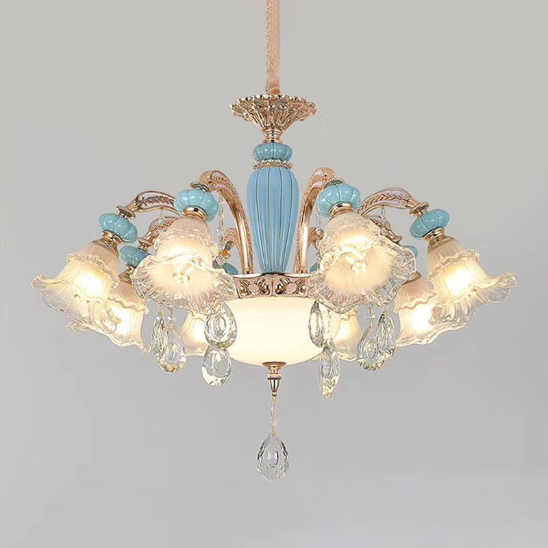 Vintage Textured Glass Blue Chandelier Pendant Light With Crystal Accent