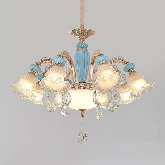 Vintage Textured Glass Blue Chandelier Pendant Light With Crystal Accent