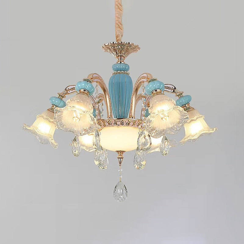 Vintage Textured Glass Blue Chandelier Pendant Light With Crystal Accent