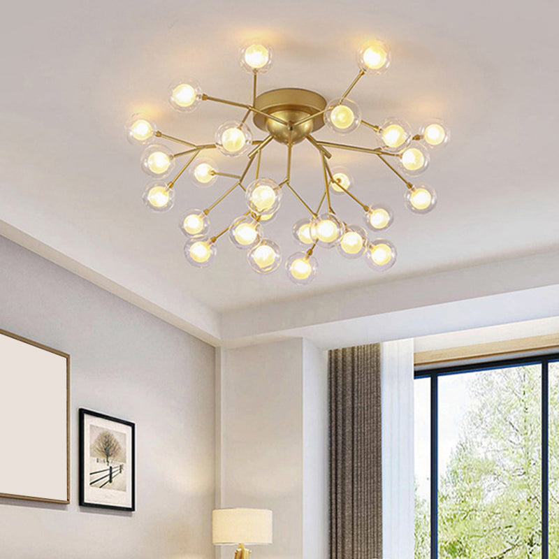 Modern Semi-Flush Led Chandelier For Bedroom With Metal Branches And Bubble Shade