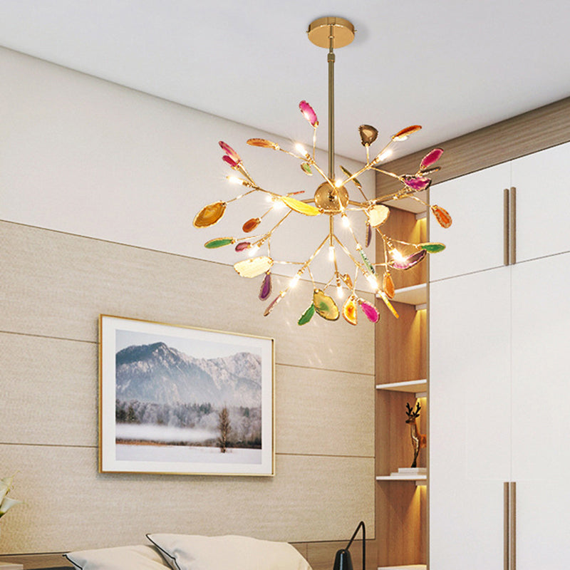 Minimalist Gold Led Pendant Light With Colorful Agate Sputnik Firefly Chandelier