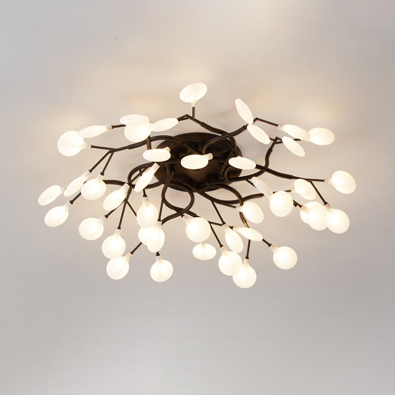 Led Tree Branch Semi Flush Chandelier Light For Living Room With Firefly Shade - Modern Metallic