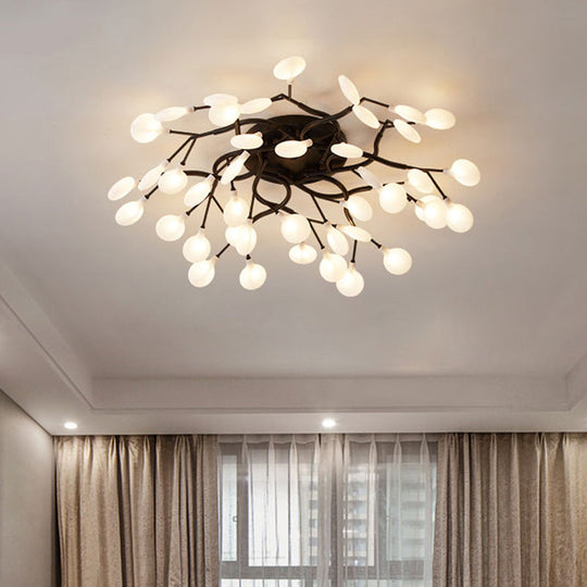 Led Tree Branch Semi Flush Chandelier Light For Living Room With Firefly Shade - Modern Metallic