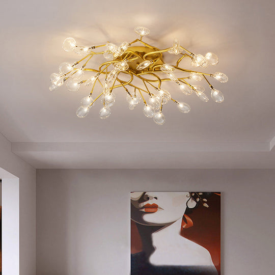 Led Tree Branch Semi Flush Chandelier Light For Living Room With Firefly Shade - Modern Metallic