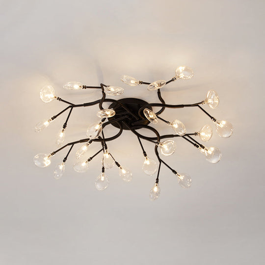 Led Tree Branch Semi Flush Chandelier Light For Living Room With Firefly Shade - Modern Metallic