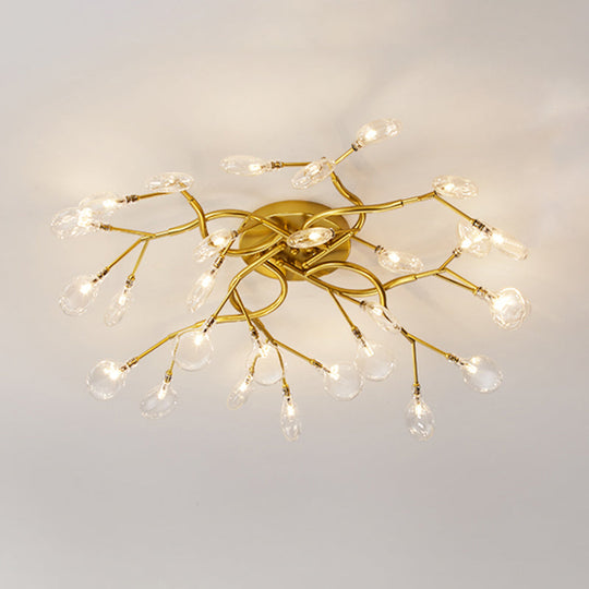 Led Tree Branch Semi Flush Chandelier Light For Living Room With Firefly Shade - Modern Metallic