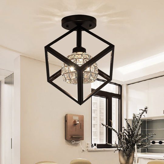 Modern Black Ceiling Light with Crystal Shade and Cubic Frame - Dining Room Semi Flush Mount