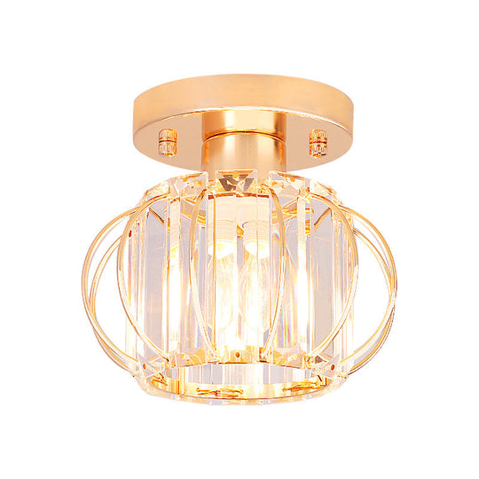 Modern 1-Light Semi Flush Mount Ceiling Light with Rectangular-Cut Crystal and Gold Lantern Frame