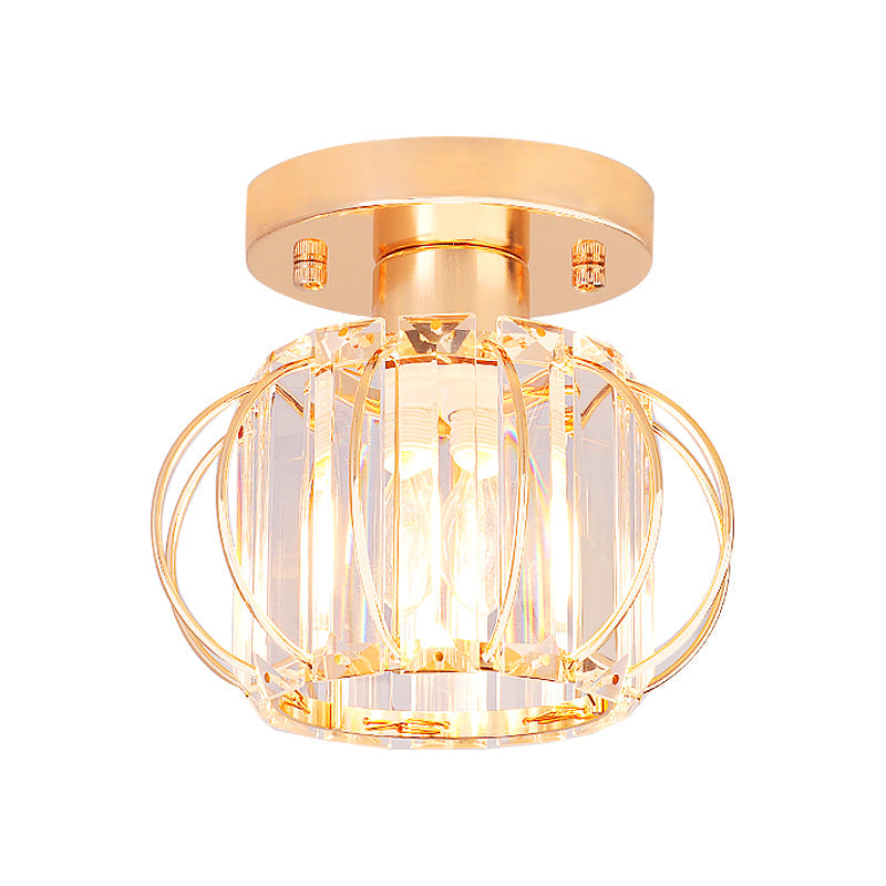 Modern 1-Light Semi Flush Mount Ceiling Light With Rectangular-Cut Crystal And Gold Lantern Frame