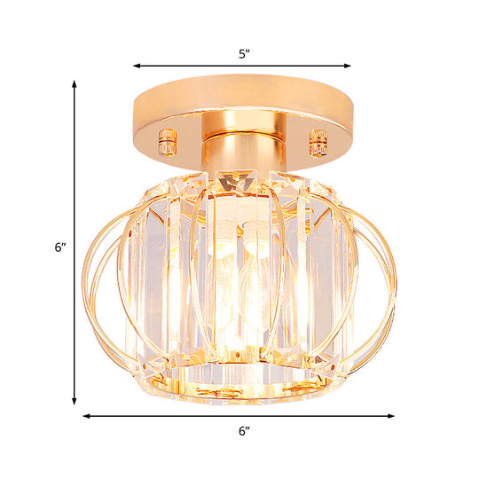 Modern 1-Light Semi Flush Mount Ceiling Light with Rectangular-Cut Crystal and Gold Lantern Frame