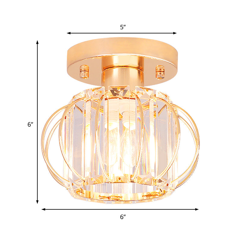 Modern 1-Light Semi Flush Mount Ceiling Light With Rectangular-Cut Crystal And Gold Lantern Frame