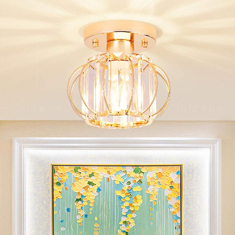 Modern 1-Light Semi Flush Mount Ceiling Light with Rectangular-Cut Crystal and Gold Lantern Frame