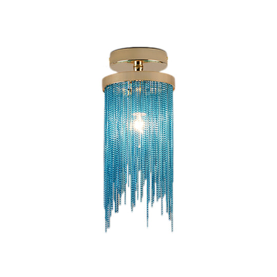 Modern Crystal Strand Semi Flush Ceiling Light - 1 Light Blue/Green/Chrome