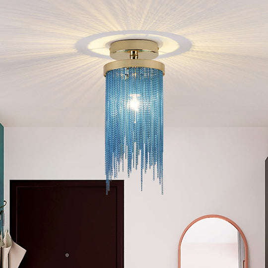 Modern Crystal Strand Semi Flush Ceiling Light - 1 Light Blue/Green/Chrome